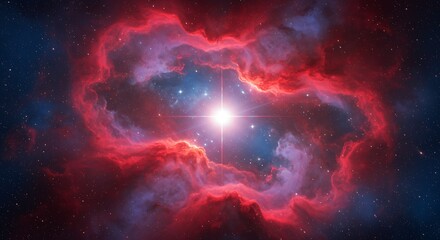 A vibrant cosmic nebula, glowing with intense red and blue gas around a brilliant central star, forms a stunning oval structure, showcasing breathtaking celestial beauty.