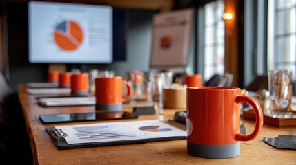 Business meeting setup with coffee mugs, pie charts, and digital screens