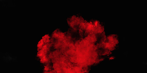 Red color powder explosion isolated on black background. Colorful dust explode. Paint Holi, dust particles splash. Network concept with spray. Futuristic technology element. 3D rendering.