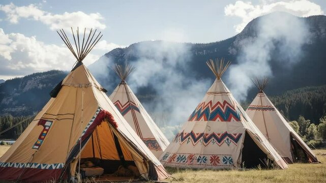 Native American teepees stand against a scenic mountain backdrop
