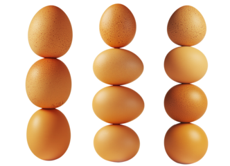 Brown eggs stacked vertically, balancing on top of each other isolated on white transparent background.