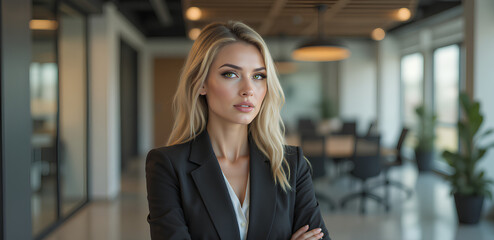 Portrait of a professional woman in a suit standing in a modern office. Mature business woman looking at the camera in a workplace meeting area.	