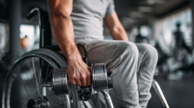 Disabled man in wheelchair lifting dumbbells during adaptive fitness training for spinal injury recovery and strength rehabilitation therapy in gym
