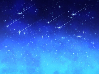 星空の背景イラスト　風景　夜空　流れ星　流星群　水彩　青