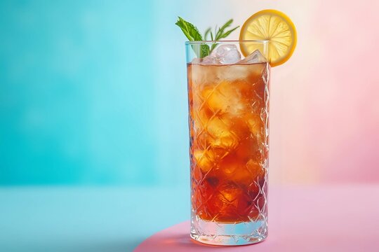 Long Island ice tea cocktail drink with vodka, rum, tequila, gin, liquor, lemon juice, cola and ice with lemon slice and mint in highball glass on blue and pink background with copy space