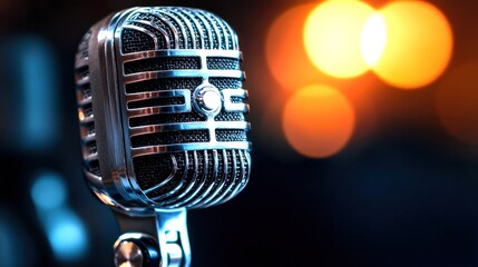 Vintage microphone on stage with blurred lights.
