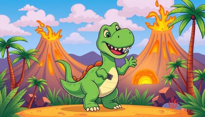 Cute cartoon T-Rex smiling and waving, standing in a colorful prehistoric jungle with volcanoes and palm trees