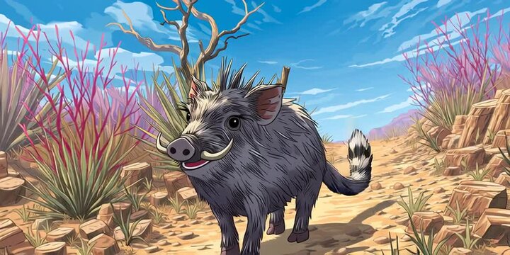 Animation of a playful javelina prancing in the southwestern Arizona desert