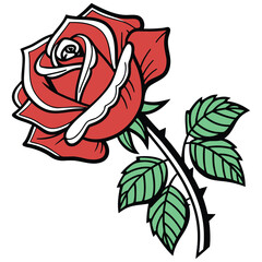 Bold red rose illustration with green leaves and Stylized Stem, Elegant floral art for tattoos, prints, or digital design projects