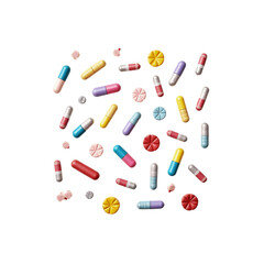 Colorful Capsules and Tablets Scattered on Transparent Background - Pharmaceutical Industry Stock Photo