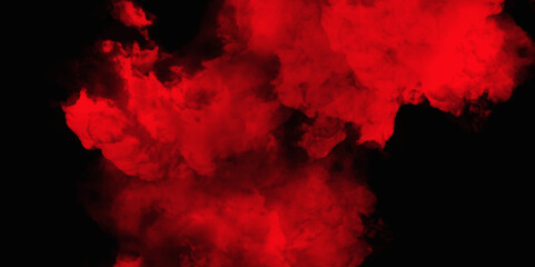 Red color powder explosion isolated on black background. Colorful dust explode. Paint Holi, dust particles splash. Network concept with spray. Futuristic technology element. 3D rendering.