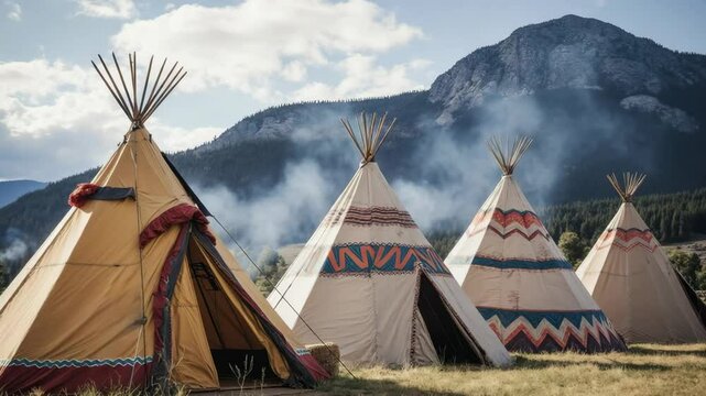 Native American tipis stand against a backdrop of mountains and forest
