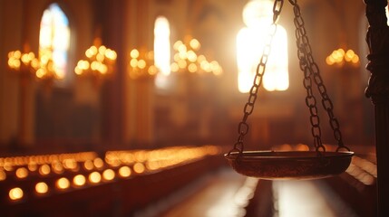 Vintage brass incense burner hanging in a dimly lit church.  Rows of lit candles in the background.  Sunlight streams through stained glass windows..