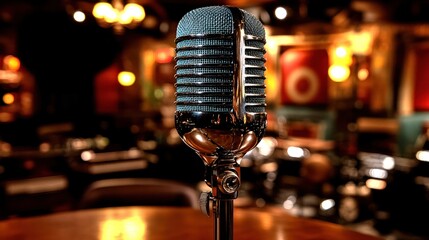 Vintage microphone on wooden table in dimly lit bar.