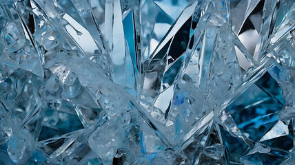 Close-up abstract view of fractured glass with sharp, reflective edges and icy blue tones.