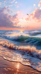 Vibrant sunset over glowing ocean waves lapping sandy shore
