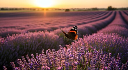 Butterfly Flying Over Purple Lavender Field at Golden Sunset
