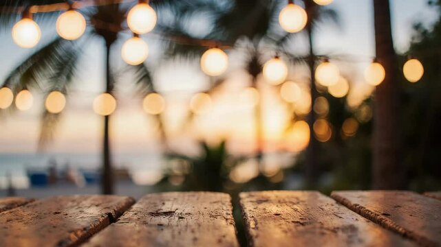 Beach view with wooden table and string lights at sunset bokeh