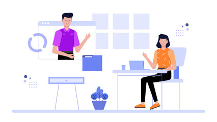 Remote employees working on shared design file flat vector illustration