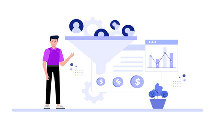 Sales manager analyzing deal progression funnel flat vector illustration