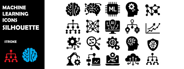Machine Learning Icons Silhouette Vector Set – AI, Algorithms and Predictive Data Analytics