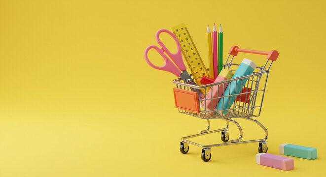Colorful School Supplies in Shopping Cart on Bright Yellow Background, Highlighting Student Essentials and Fun Learning Environment - back to school