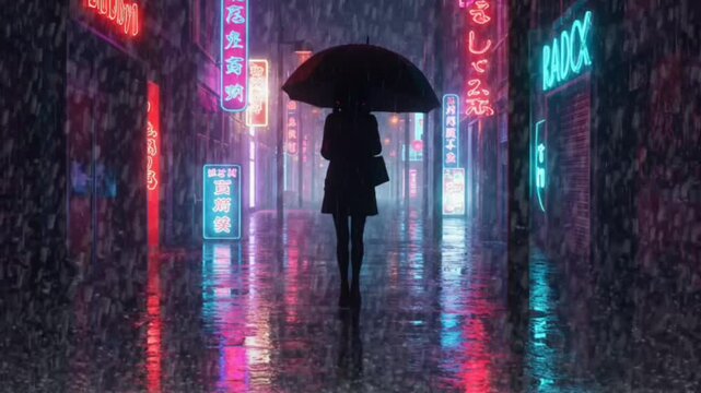 Silhouette of person walking in neon city street during heavy rain at night holding umbrella alone. Seamless looping 4K time-lapse animation video background