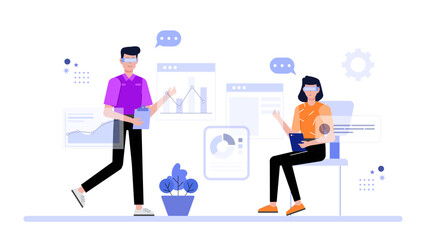 Employees joining virtual innovation challenge flat vector illustration