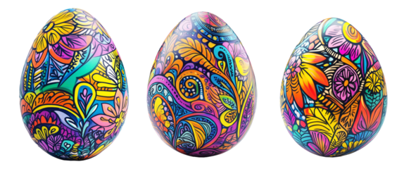 Decorative Easter egg with intricate floral patterns in vibrant colors isolated on white transparent background.
