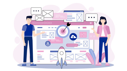 Startup team planning user acquisition strategy flat vector illustration