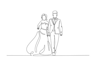 Romantic wedding couple in continuous one line drawing. Single line art illustration of lovely wedding couple.