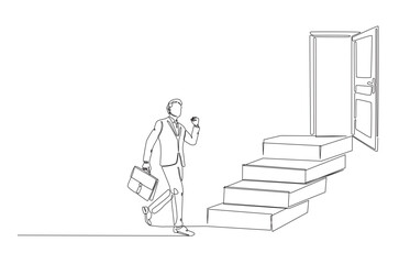 Businessman walking into the stairs in continuous one line drawing. Single line art illustration of success businessman.