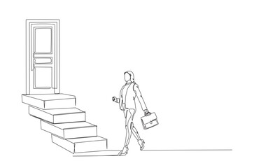 Businesswoman walking into the stairs in continuous one line drawing. Single line art illustration of success businesswoman.