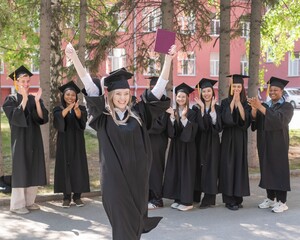 Young Caucasian woman holding diploma while classmates applaud her. 