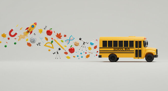Student's Journey on a Yellow School Bus with Blackboard Background, Creative Images and Colorful Learning Environment for Kids - back to school