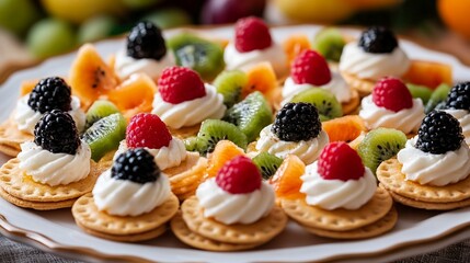 Crackers with a spread of soft cheese and fruits bites arranged on a plate.