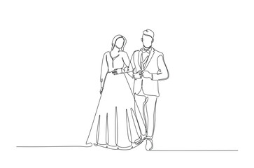 Romantic wedding couple in continuous one line drawing. Single line art illustration of lovely wedding couple.