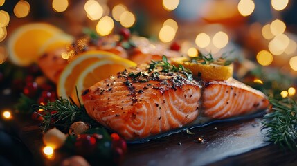 Festive salmon fillets with citrus slices and holiday embellishments display