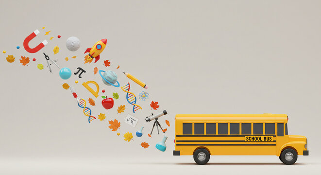 Students Preparing for Learning with a Bright Yellow School Bus, Blackboard Background and Colorful Educational Icons in a Playful Environment - back to school - Powered by Adobe