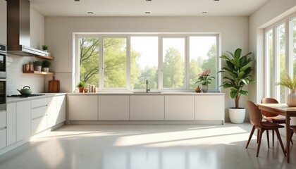 Fototapeta premium Bright Modern Kitchen with Panoramic Window and Dining Area