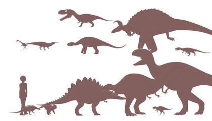 Diagram of various dinosaur species to scale, showing size comparisons with a human silhouette on a white background