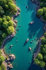 A remarkably clear, detailed image portrays a river aerial view, showcasing the pristine clarity of the water and distinct features along its course.