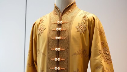 Details An imperial Chinese robe displayed on a mannequin, featuring ornate embroidery and delicate pearls woven into the fabric
