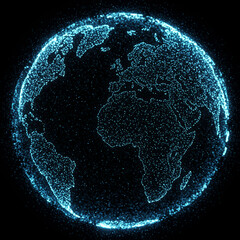 Glowing abstract sphere of Earth with digital network connection. Global technology concept showing futuristic world map made of tiny dots. Futuristic and sophisticated feeling