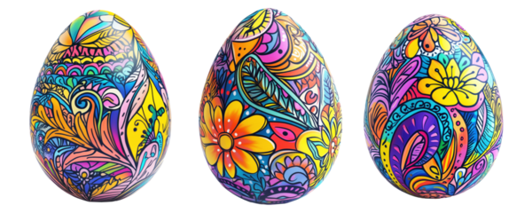 Decorative Easter egg with intricate floral patterns in vibrant colors isolated on white transparent background.
