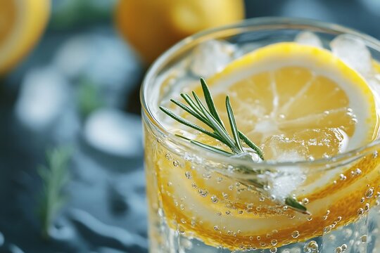 Refreshing Lemonade Spritzer CloseUp of Lemon Slice, Ice, and Rosemary Garnish in a Glass - Powered by Adobe