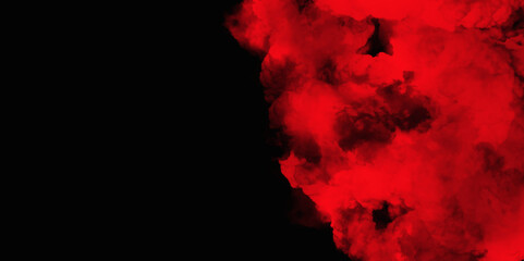 Red color powder explosion isolated on black background. Colorful dust explode. Paint Holi, dust particles splash. Network concept with spray. Futuristic technology element. 3D rendering.