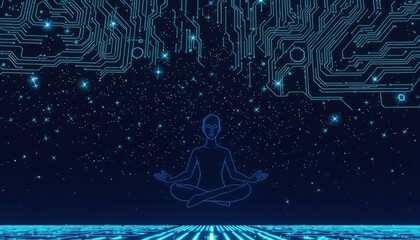 Digital avatar meditating under a night sky filled with stars arranged in circuit board patterns