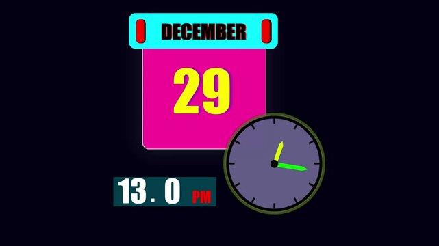 Calendar displaying December 29th day with a clock and 24 hours counting the current time on a dark background.	