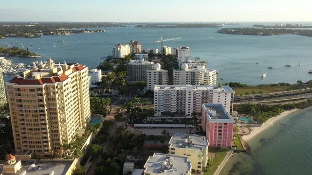 The Ritz-Carlton, Sarasota Hotel With Ringling Bridge In Sarasota City In Florida, United States. Aerial Drone shot